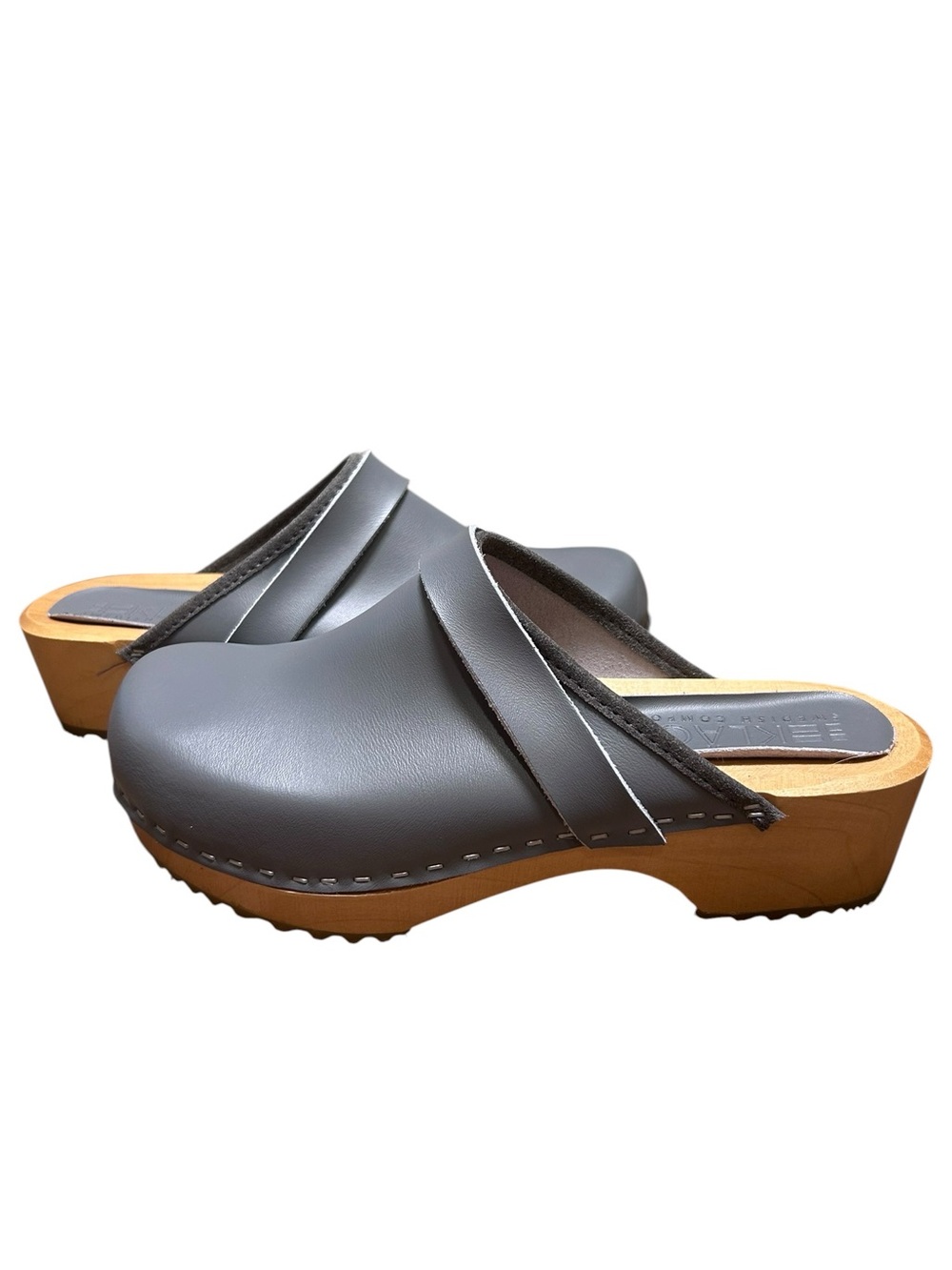 BJORK Maja Wood Open Back Grey Leather Clogs size 39 us 8.5 9 Swedish klagn